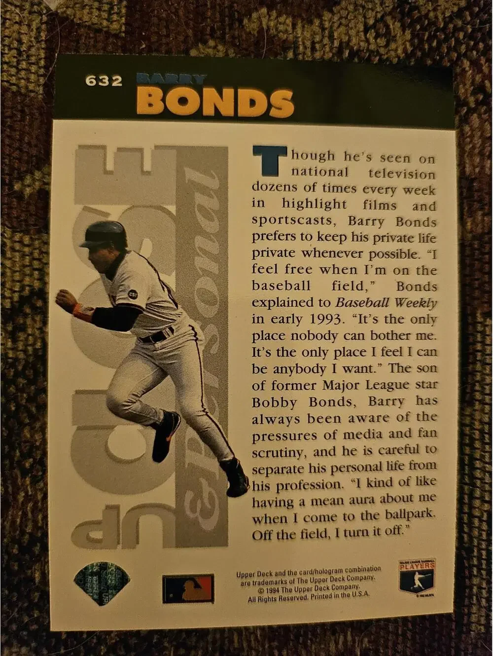 1994 Collector's Choice Baseball - #632 - Barry Bonds - San Francisco Giants